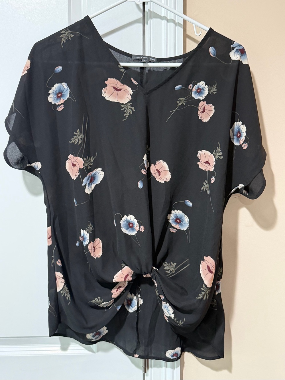 West Kei Black Floral Twist-Front Blouse with Pink & Blue Blooms